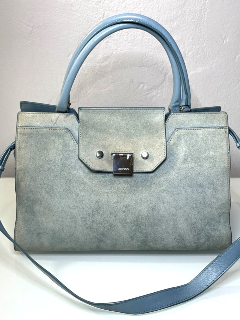 Jimmy Choo Sky Blue Suede Rebel Tote w/Silver Accents & Removable Strap